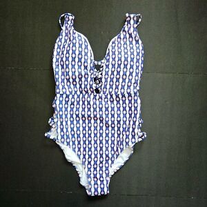 Jessica Simpson Women One Piece Swimsuit Dark Multi Geometric SSVB20833 NWT M